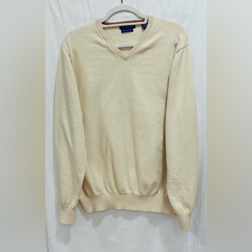 Alan Flusser Mens XL Beige Cotton Cashmere Sweater V Neck Pullover Long Sleeve